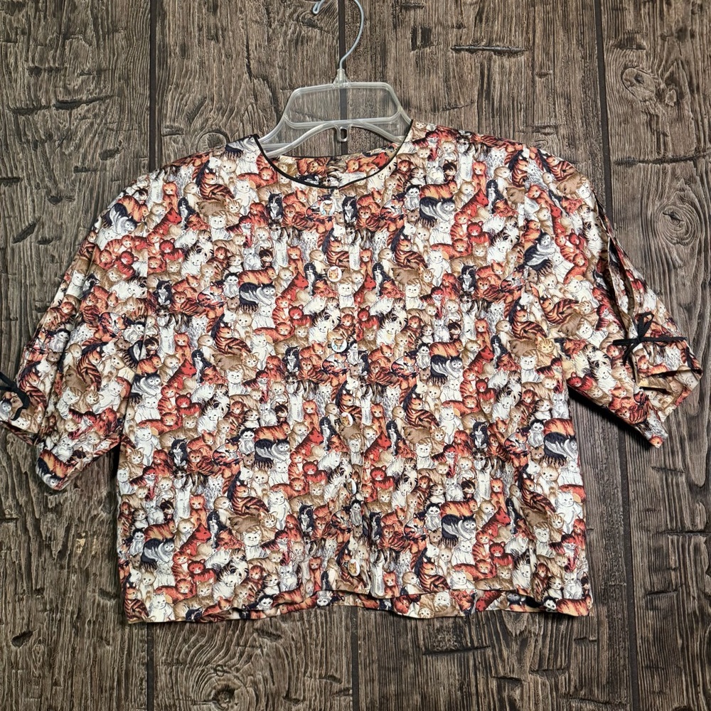 Vintage Handmade Cat Print Blouse Shoulder Pads Novelty Kitty Shirt Medium